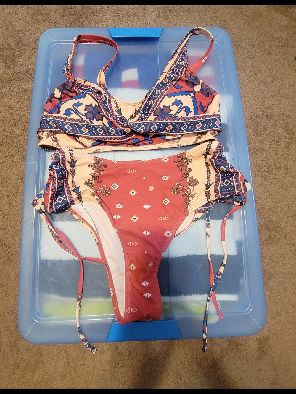 Printed Two-Piece Bikini Set in Coral, Cream & Navy